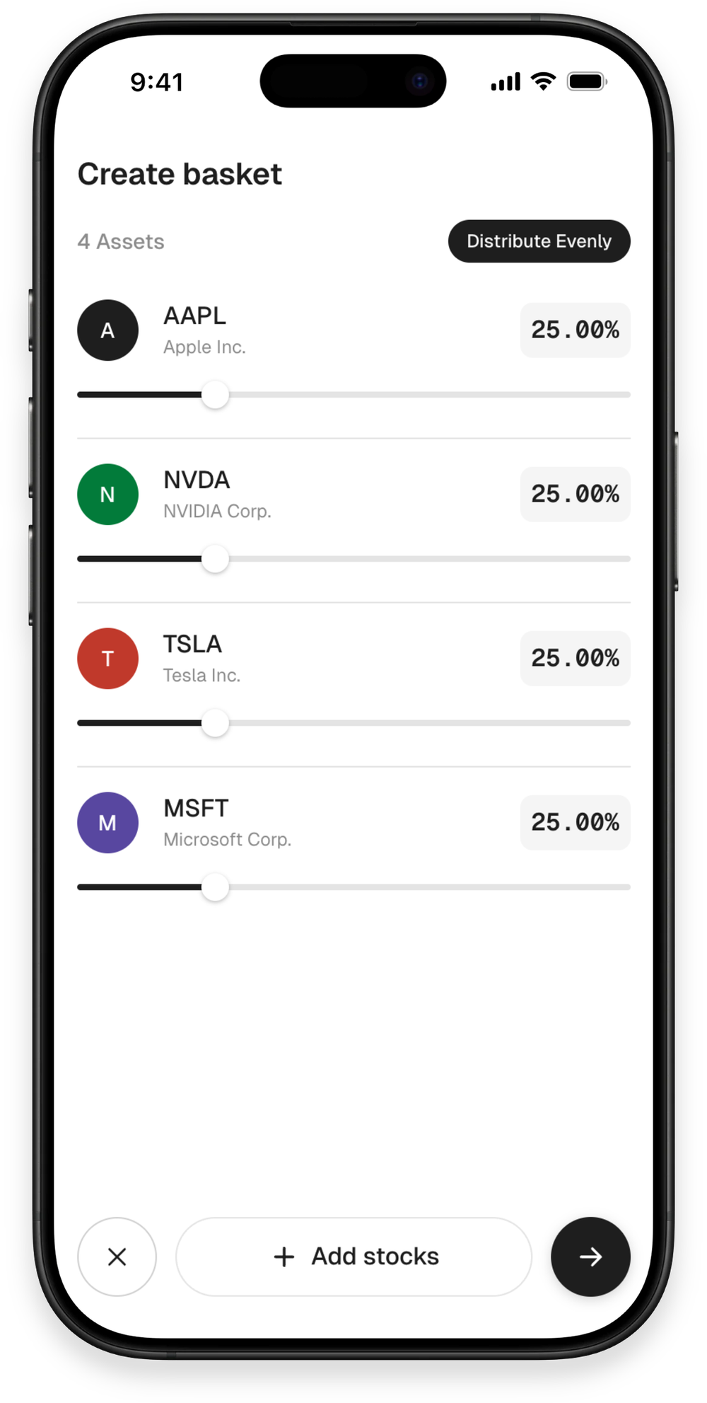 Baskt app — build a basket and set weights