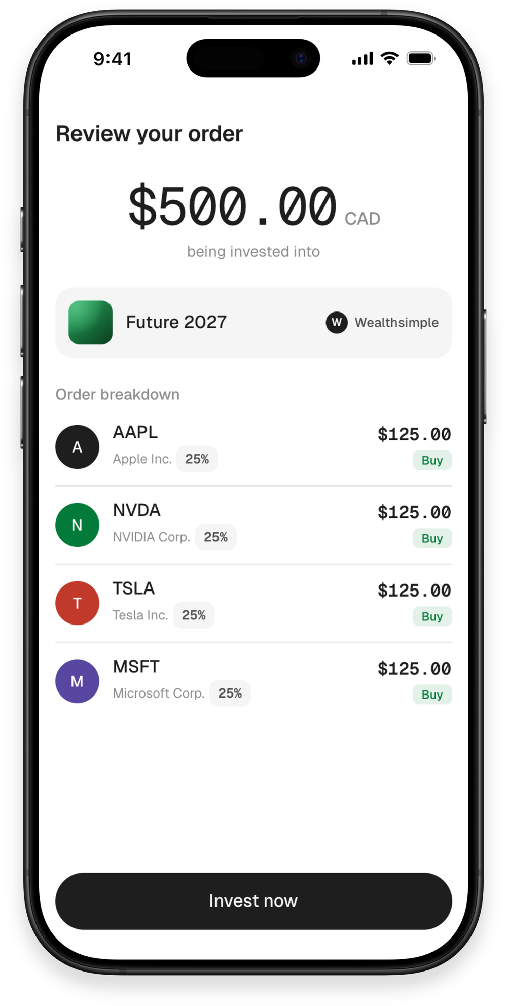 Baskt app — review your order and invest